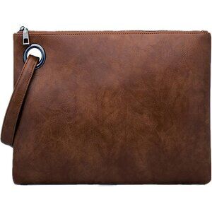 Women's Brown Pu Leather Zipper Trendy Designer Wristlet Elegant Clutch